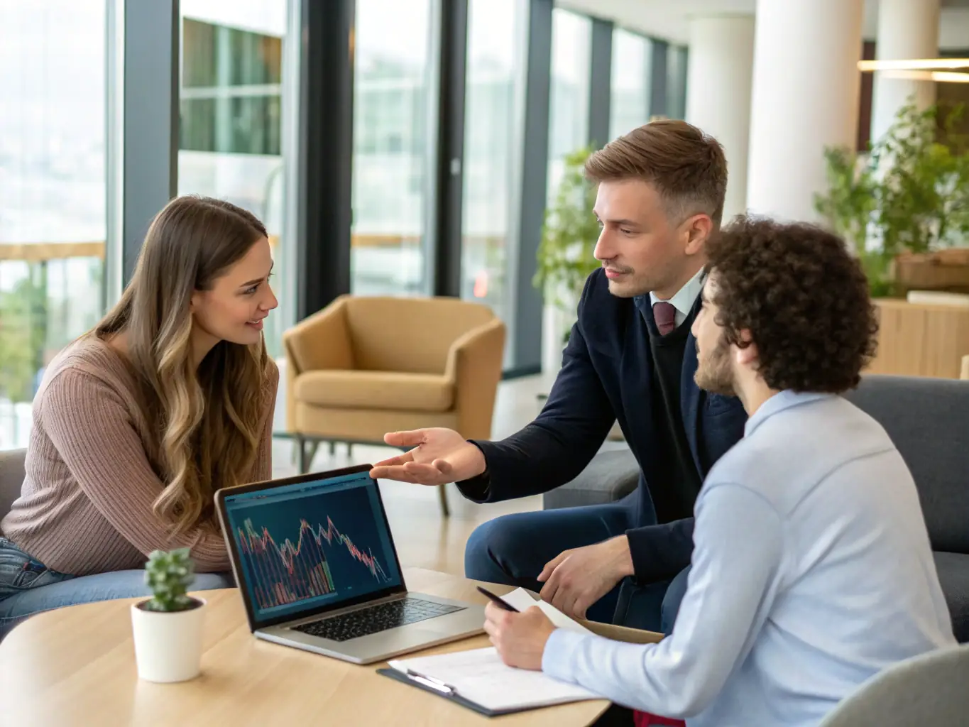An image of a consultant presenting a financial plan to a family, with charts and economic data on a screen, illustrating economic and financial planning.