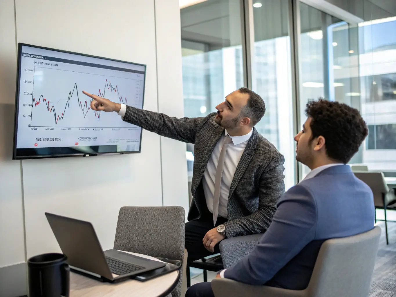 An image of a financial advisor discussing investment portfolios with clients, with graphs showing growth trends, representing investment strategies and asset management.