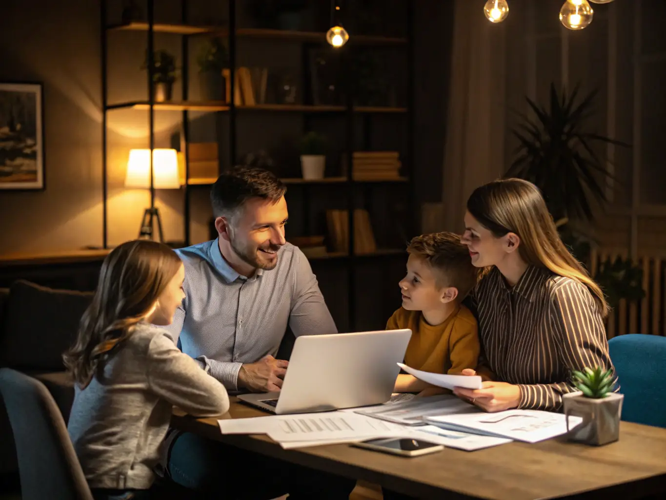 An image of a family reviewing their financial plan with a consultant, with charts and documents on the table, symbolizing family budgeting and financial planning.